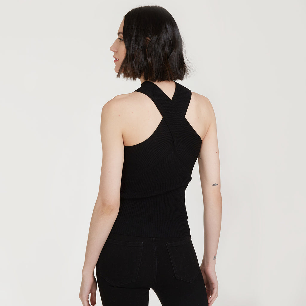 Rib Crisscross Halter in Black by Autumn Cashmere. Women's Black Top. Viscose Blend from Italy.
