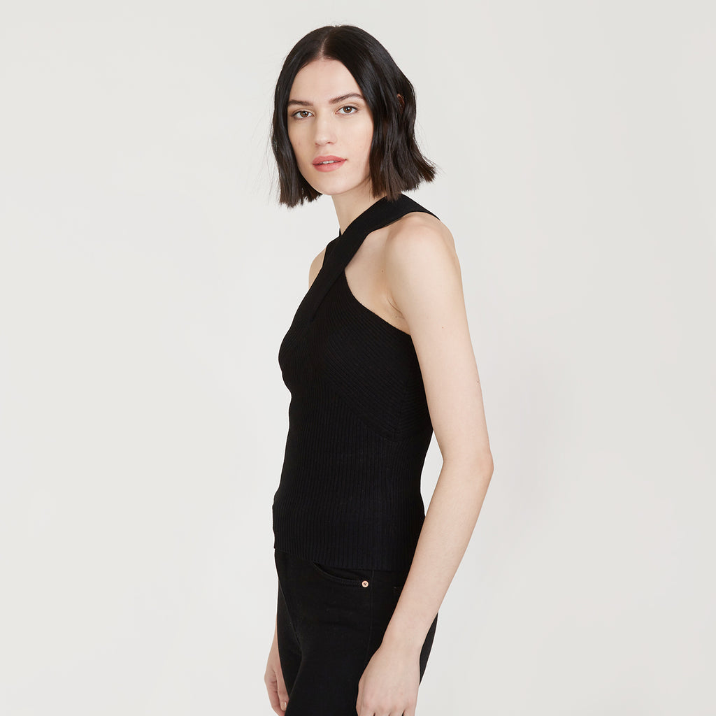 Rib Crisscross Halter in Black by Autumn Cashmere. Women's Black Top. Viscose Blend from Italy.