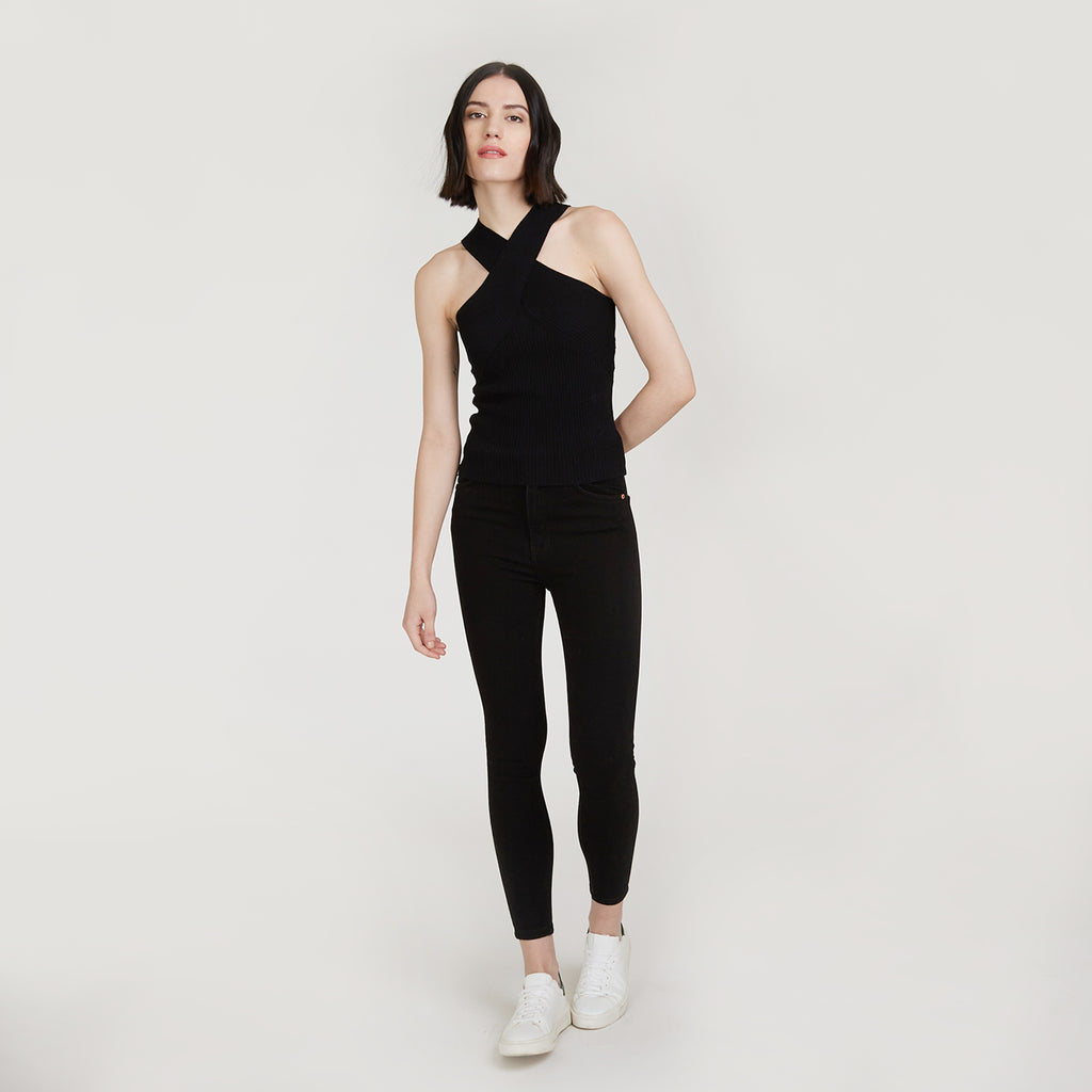 Rib Crisscross Halter in Black by Autumn Cashmere. Women's Black Top. Viscose Blend from Italy.