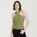 Rib Crisscross Halter in Herb by Autumn Cashmere. Women's Green Top. Viscose Blend from Italy
