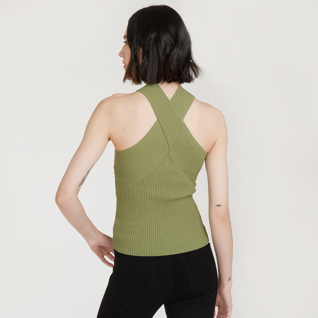Rib Crisscross Halter in Herb by Autumn Cashmere. Women's Green Top. Viscose Blend from Italy