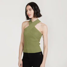 Load image into Gallery viewer, Rib Crisscross Halter in Herb by Autumn Cashmere. Women&#39;s Green Top. Viscose Blend from Italy