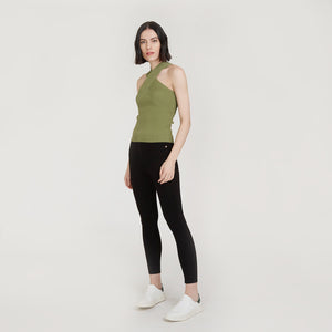 Rib Crisscross Halter in Herb by Autumn Cashmere. Women's Green Top. Viscose Blend from Italy