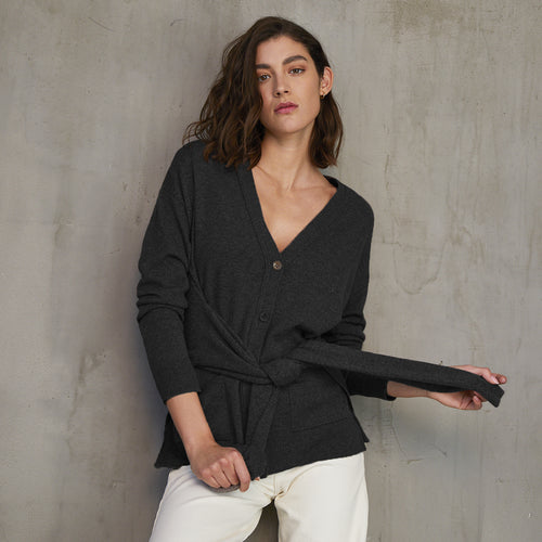 Women's Wrap ‘N Tie V-neck Cardigan in Black by Autumn Cashmere