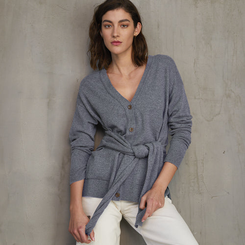 Women's Wrap ‘N Tie V-neck Cardigan in Cement by Autumn Cashmere