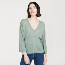 Load image into Gallery viewer, Bell Sleeve V w/ Seamed Yoke by Autumn Cashmere. Women&#39;s Basic Pullover in Herb Green. 100% Italian Cotton.