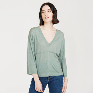 Bell Sleeve V w/ Seamed Yoke by Autumn Cashmere. Women's Basic Pullover in Herb Green. 100% Italian Cotton.