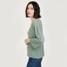Load image into Gallery viewer, Bell Sleeve V w/ Seamed Yoke by Autumn Cashmere. Women&#39;s Basic Pullover in Herb Green. 100% Italian Cotton.