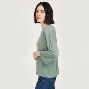 Bell Sleeve V w/ Seamed Yoke by Autumn Cashmere. Women's Basic Pullover in Herb Green. 100% Italian Cotton.