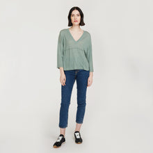 Load image into Gallery viewer, Bell Sleeve V w/ Seamed Yoke by Autumn Cashmere. Women&#39;s Basic Pullover in Herb Green. 100% Italian Cotton.