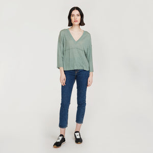 Bell Sleeve V w/ Seamed Yoke by Autumn Cashmere. Women's Basic Pullover in Herb Green. 100% Italian Cotton.