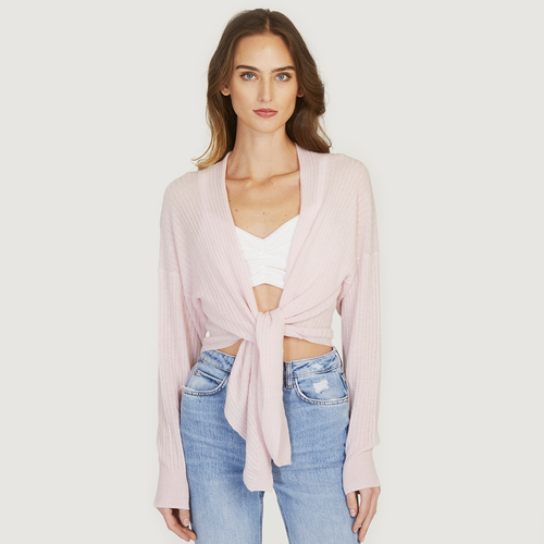 Tie Front Rib Cardigan in Cherry Blossom