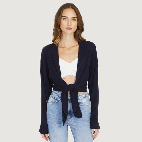 Tie Front Rib Cardigan in Navy