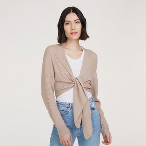 Women’s Tie Front Rib Cardigan in Fawn by Autumn Cashmere