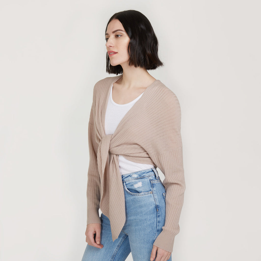 Women’s Tie Front Rib Cardigan in Fawn by Autumn Cashmere