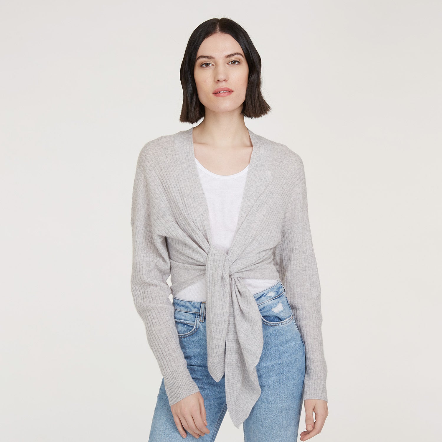 Tie Front Rib Cardigan in Fog | Autumn Cashmere