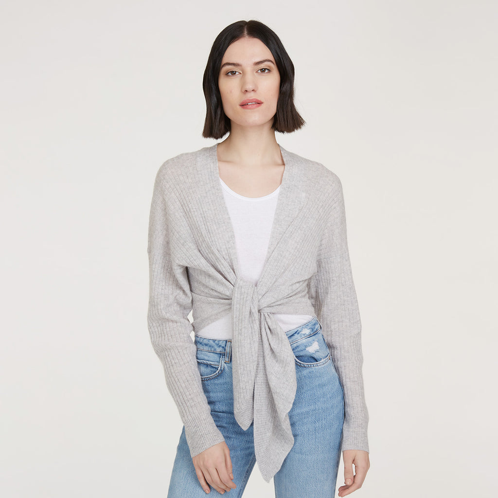 Women’s Tie Front Rib Cardigan in Fog by Autumn Cashmere