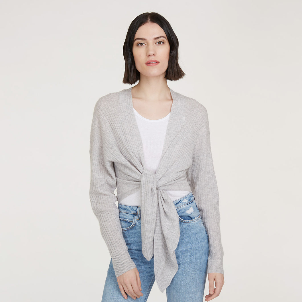 Women’s Tie Front Rib Cardigan in Fog by Autumn Cashmere