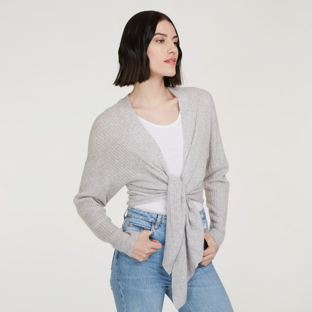 Women’s Tie Front Rib Cardigan in Fog by Autumn Cashmere