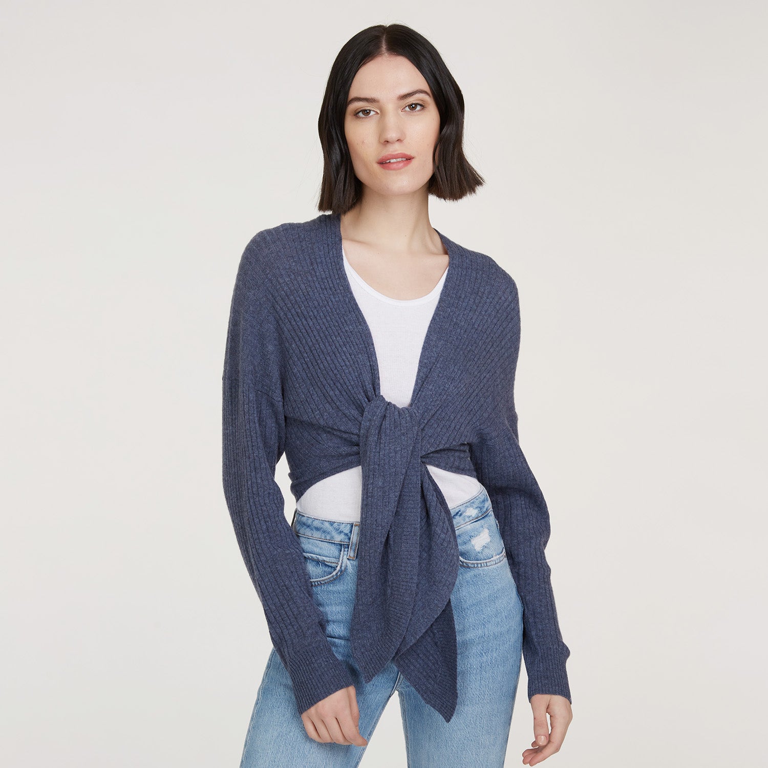 Tie Front Rib Cardigan in Mood Indigo