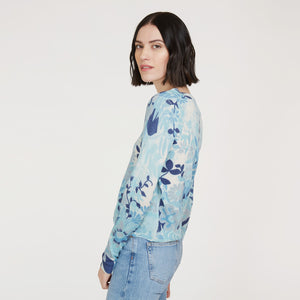 Women’s Floral Print Crewneck sweater in Blue Combo by Autumn Cashmere