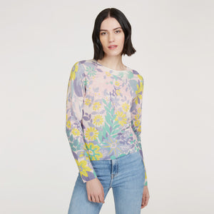 Women’s Floral Print Crewneck sweater in Pink Combo by Autumn Cashmere