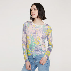 Women’s Floral Print Crewneck sweater in Pink Combo by Autumn Cashmere