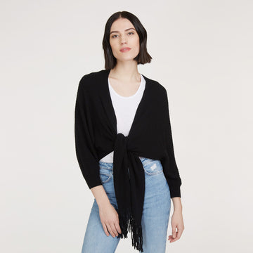 Women’s Rib Fringed Tie Front Dolman in Black by Autumn Cashmere