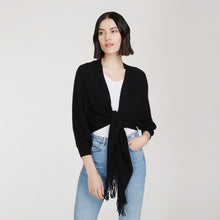 Load image into Gallery viewer, Women’s Rib Fringed Tie Front Dolman in Black by Autumn Cashmere
