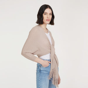 Women’s Rib Fringed Tie Front Dolman in Fawn by Autumn Cashmere