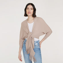 Load image into Gallery viewer, Women’s Rib Fringed Tie Front Dolman in Fawn by Autumn Cashmere