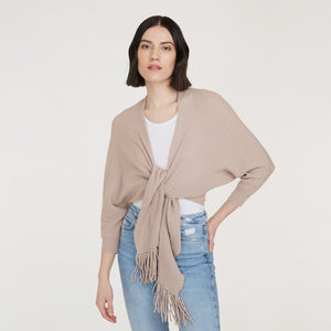 Women’s Rib Fringed Tie Front Dolman in Fawn by Autumn Cashmere