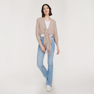Women’s Rib Fringed Tie Front Dolman in Fawn by Autumn Cashmere