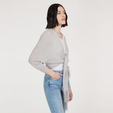 Load image into Gallery viewer, Women’s Rib Fringed Tie Front Dolman in Fog by Autumn Cashmere