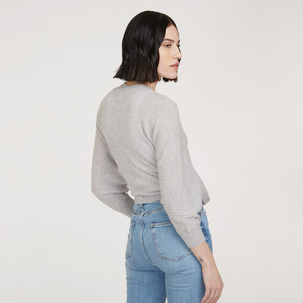 Women’s Rib Fringed Tie Front Dolman in Fog by Autumn Cashmere