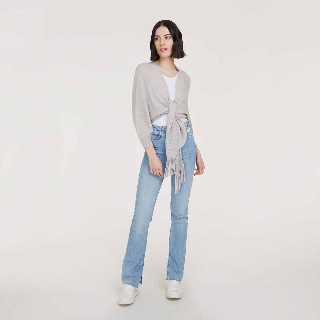 Women’s Rib Fringed Tie Front Dolman in Fog by Autumn Cashmere
