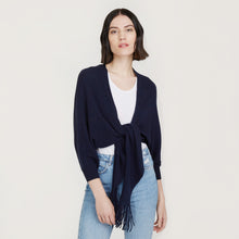 Load image into Gallery viewer, Women’s Rib Fringed Tie Front Dolman in Navy Blue by Autumn Cashmere