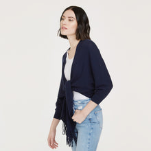 Load image into Gallery viewer, Women’s Rib Fringed Tie Front Dolman in Navy Blue by Autumn Cashmere