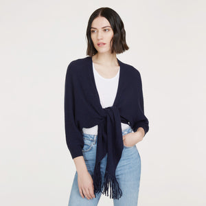Women’s Rib Fringed Tie Front Dolman in Navy Blue by Autumn Cashmere