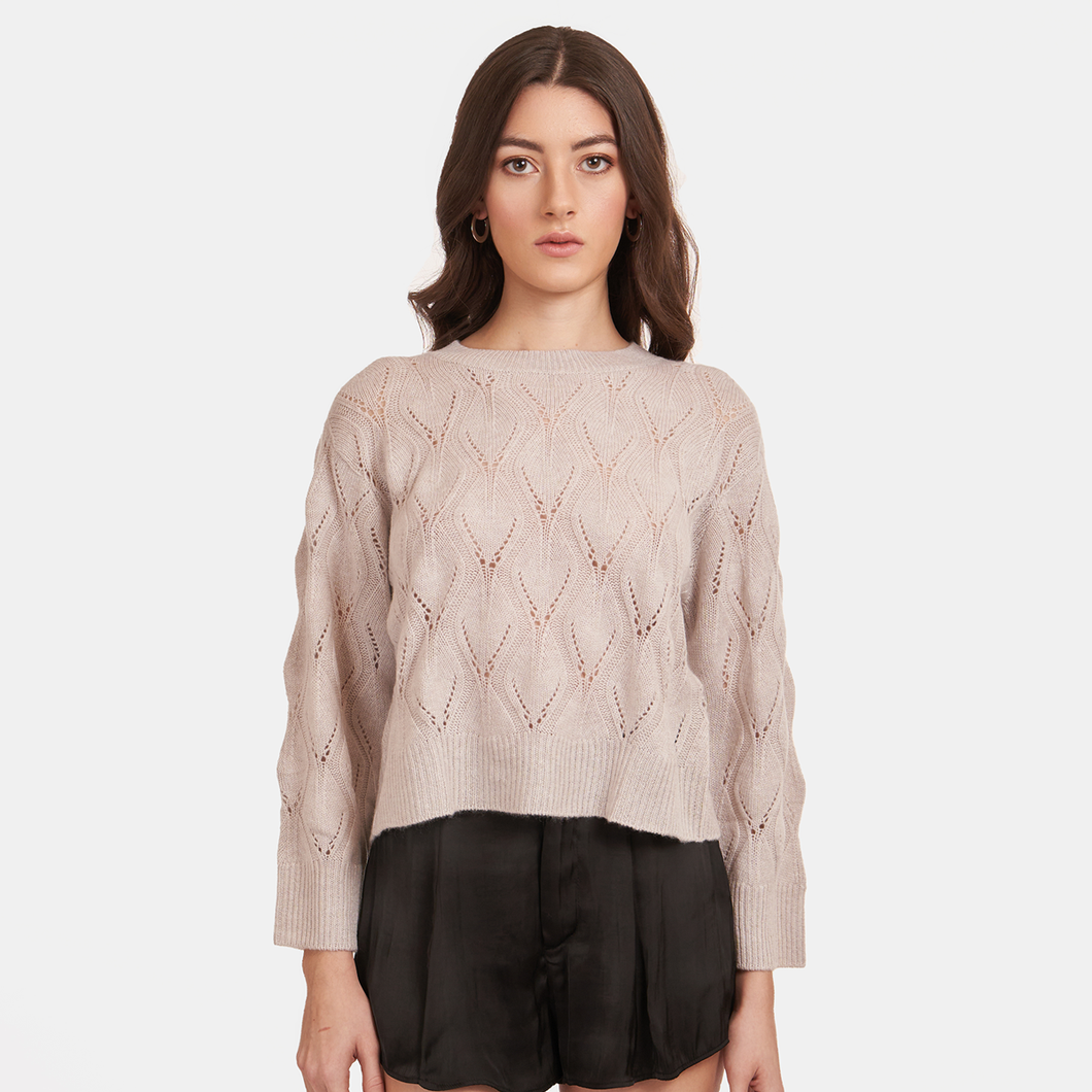 Leaf Pointelle Cropped Boxy Crew in Birch