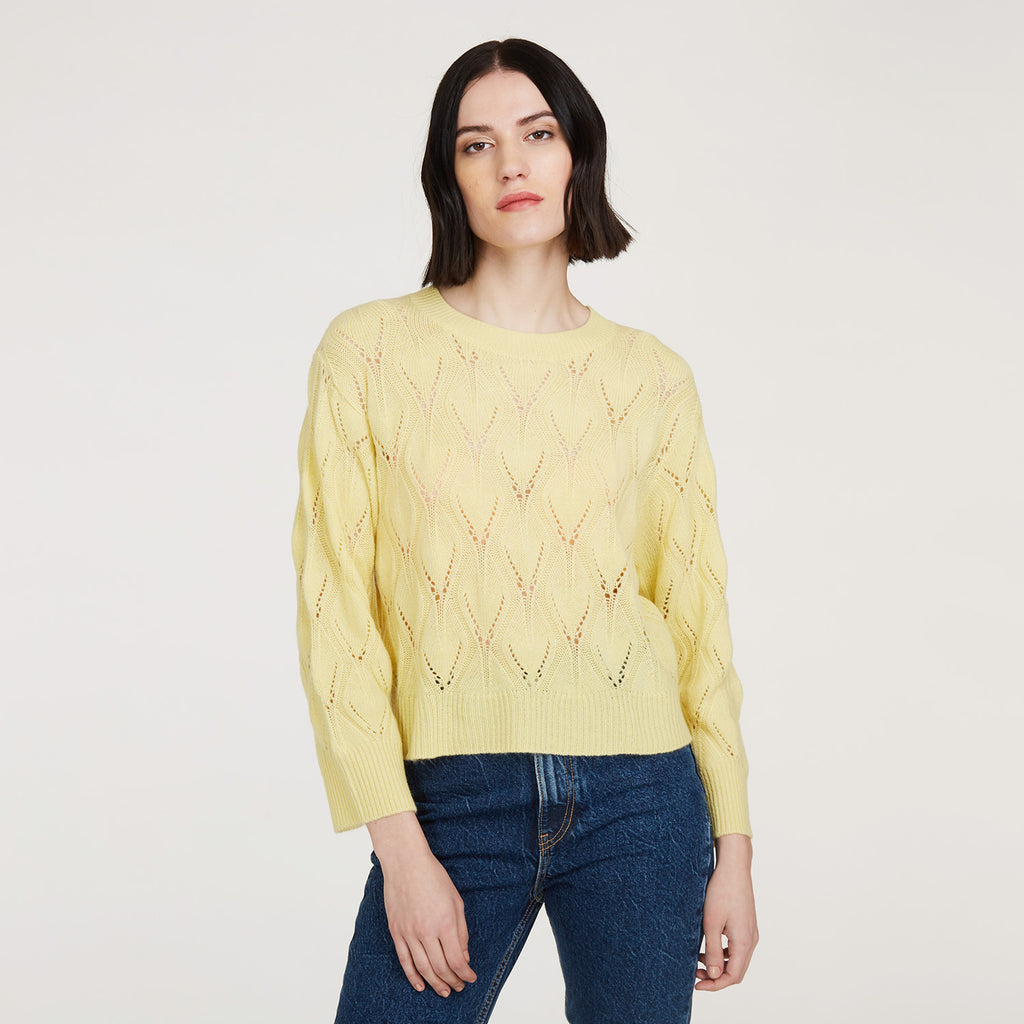 Women's  Leaf Pointelle Cropped Boxy Crew in Banana Yellow by Autumn Cashmere. 