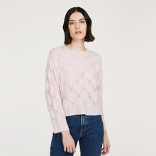 Load image into Gallery viewer, Women&#39;s Leaf Pointelle Cropped Boxy Crew in Cherry Blossom Pink by Autumn Cashmere