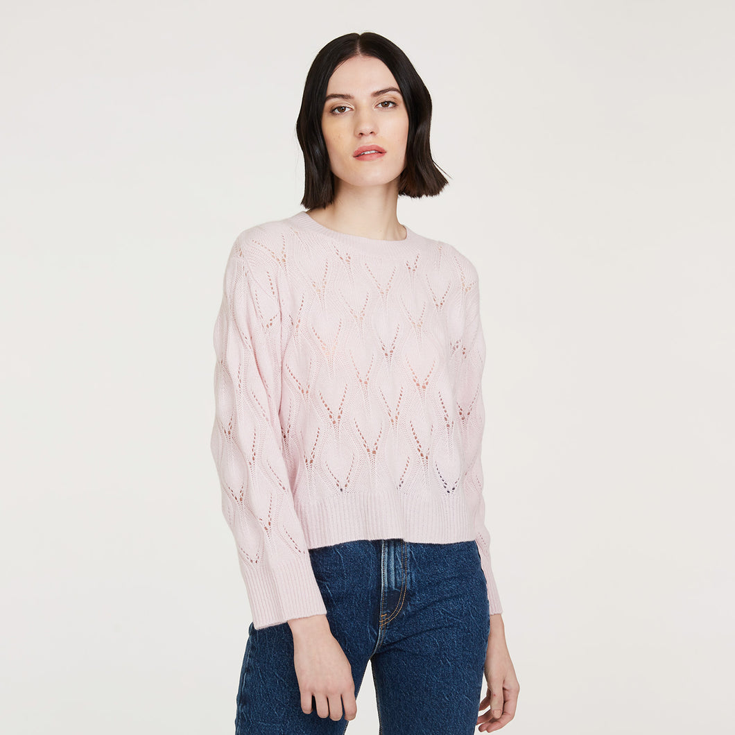 Women's Leaf Pointelle Cropped Boxy Crew in Cherry Blossom Pink by Autumn Cashmere