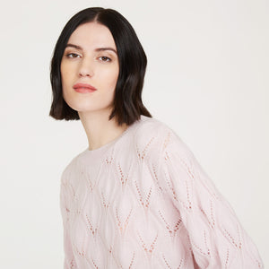 Women's Leaf Pointelle Cropped Boxy Crew in Cherry Blossom Pink by Autumn Cashmere