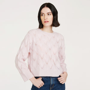 Women's Leaf Pointelle Cropped Boxy Crew in Cherry Blossom Pink by Autumn Cashmere