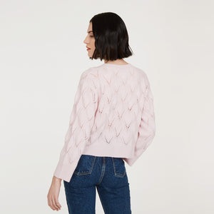 Women's Leaf Pointelle Cropped Boxy Crew in Cherry Blossom Pink by Autumn Cashmere