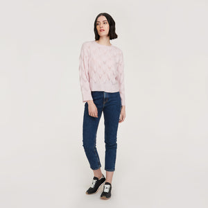 Women's Leaf Pointelle Cropped Boxy Crew in Cherry Blossom Pink by Autumn Cashmere
