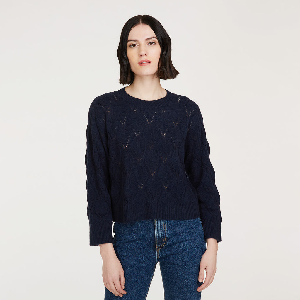 Leaf Pointelle Cropped Boxy Crew in Navy Blue by Autumn Cashmere. Women's Lightweight Cashmere Sweater. Pure Cashmere
