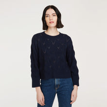 Load image into Gallery viewer, Leaf Pointelle Cropped Boxy Crew in Navy Blue by Autumn Cashmere. Women&#39;s Lightweight Cashmere Sweater. Pure Cashmere
