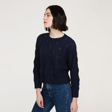 Load image into Gallery viewer, Leaf Pointelle Cropped Boxy Crew in Navy Blue by Autumn Cashmere. Women&#39;s Lightweight Cashmere Sweater. Pure Cashmere